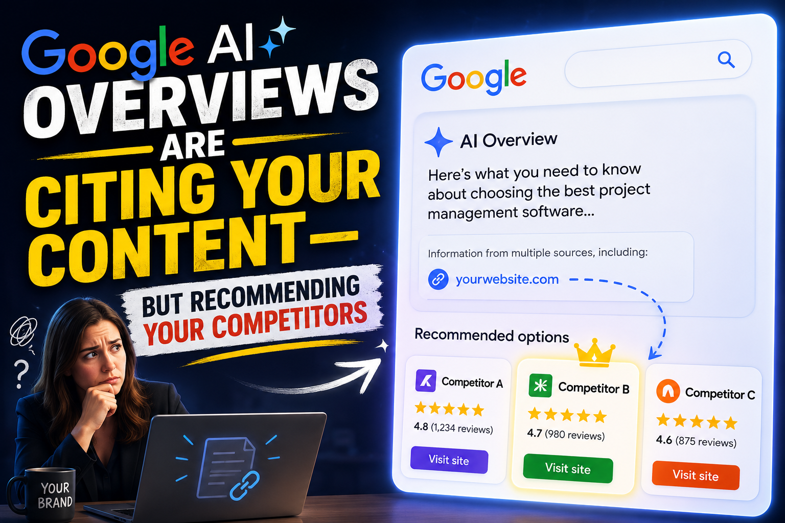 Google AI Overviews using a publisher’s content as a citation source while highlighting competing websites as recommended alternatives in search results.
